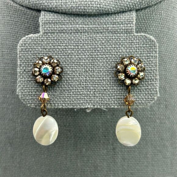 Vintage Floral Aurora Borealis Rhinestones Stud Dangle Pearl Drop Earrings - Picture 3 of 9